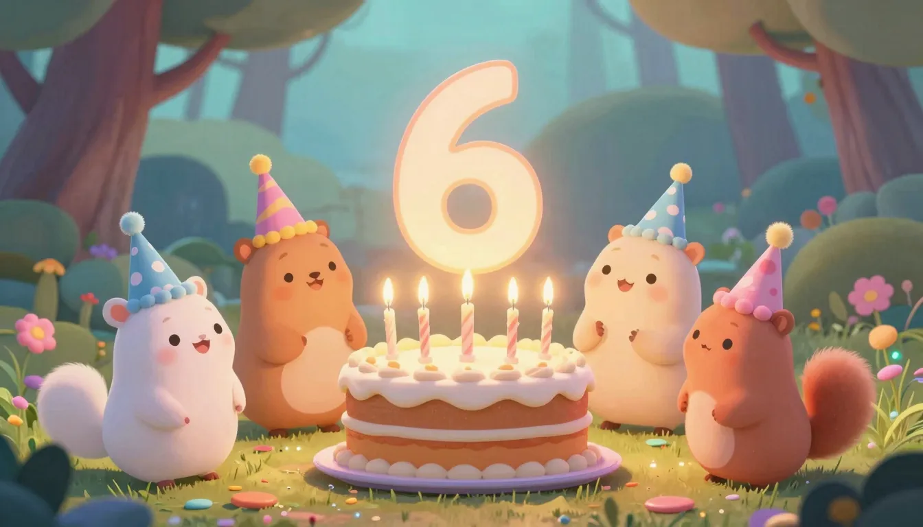 A magical illustration of a 6th birthday party in a whimsica...