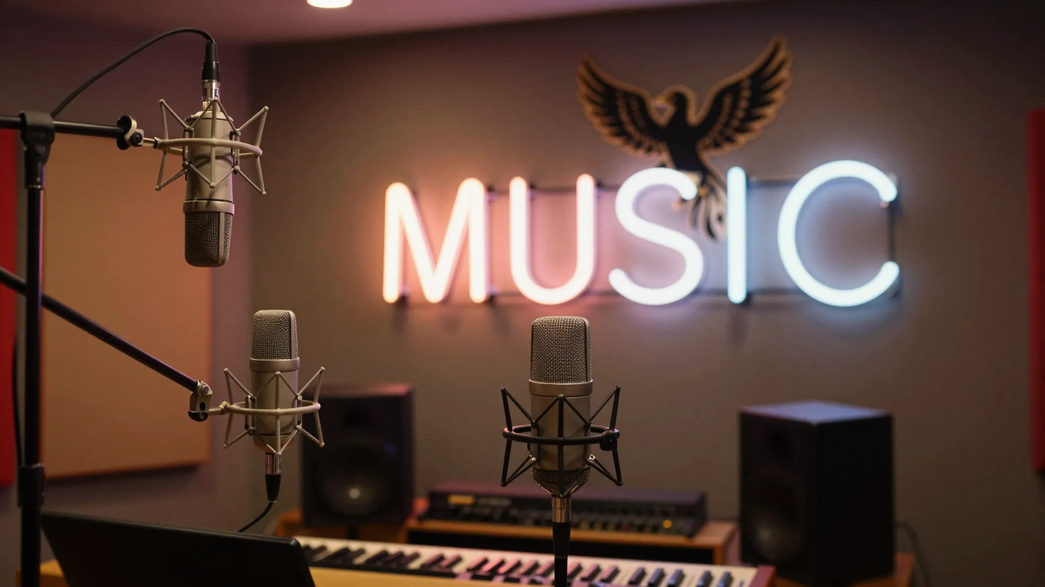 A stylish recording studio interior with a neon sign on the ...