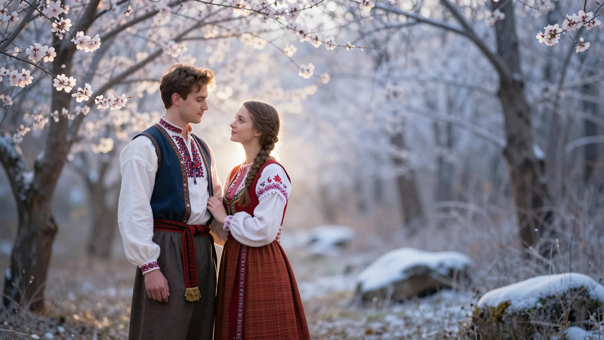 A beautiful couple in traditional folk clothing standing in ...