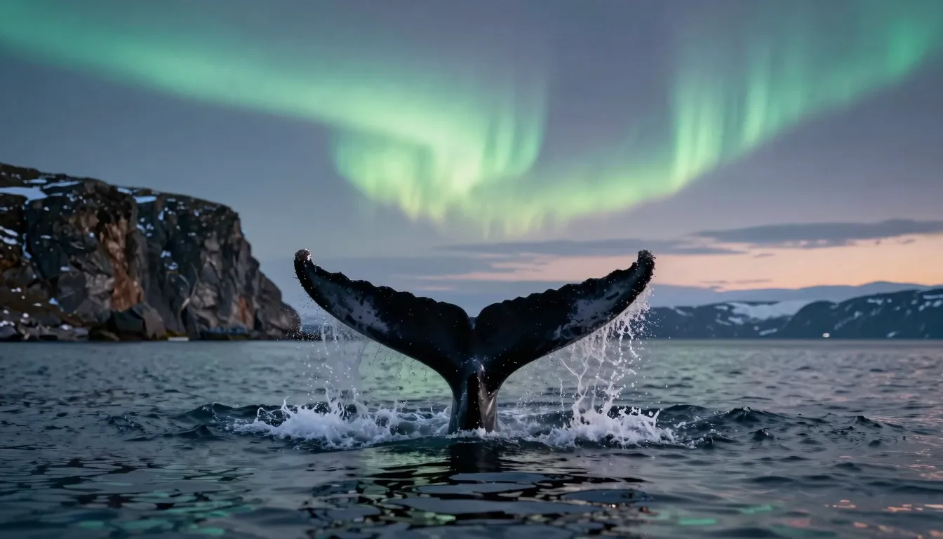 A cinematic view of a whale tail splashing in the cold dark ...