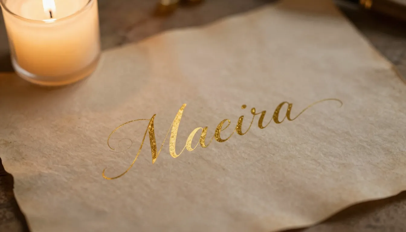Elegant calligraphy of a name written in golden ink on old p...