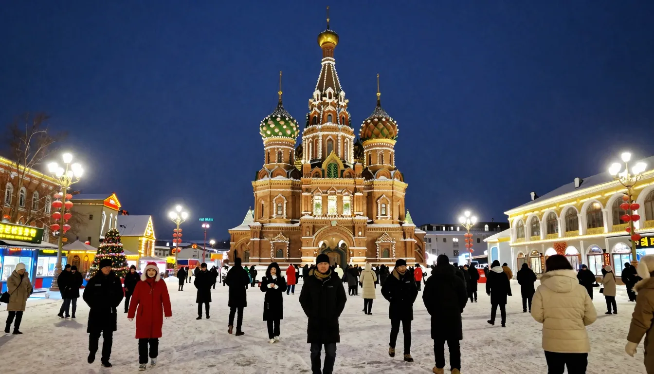 A festive New Year celebration in a Russian town square near...