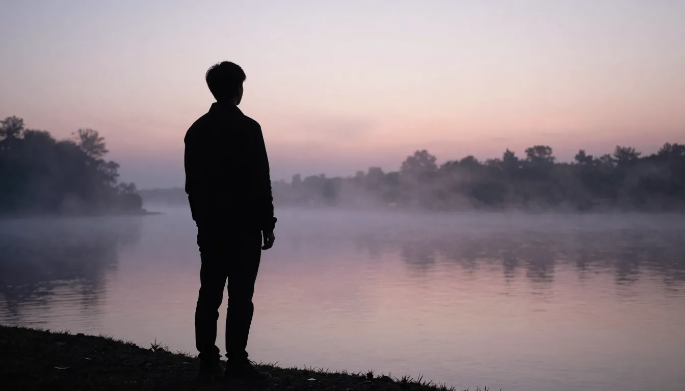 A silhouette of a person standing by a calm river at dawn, m...