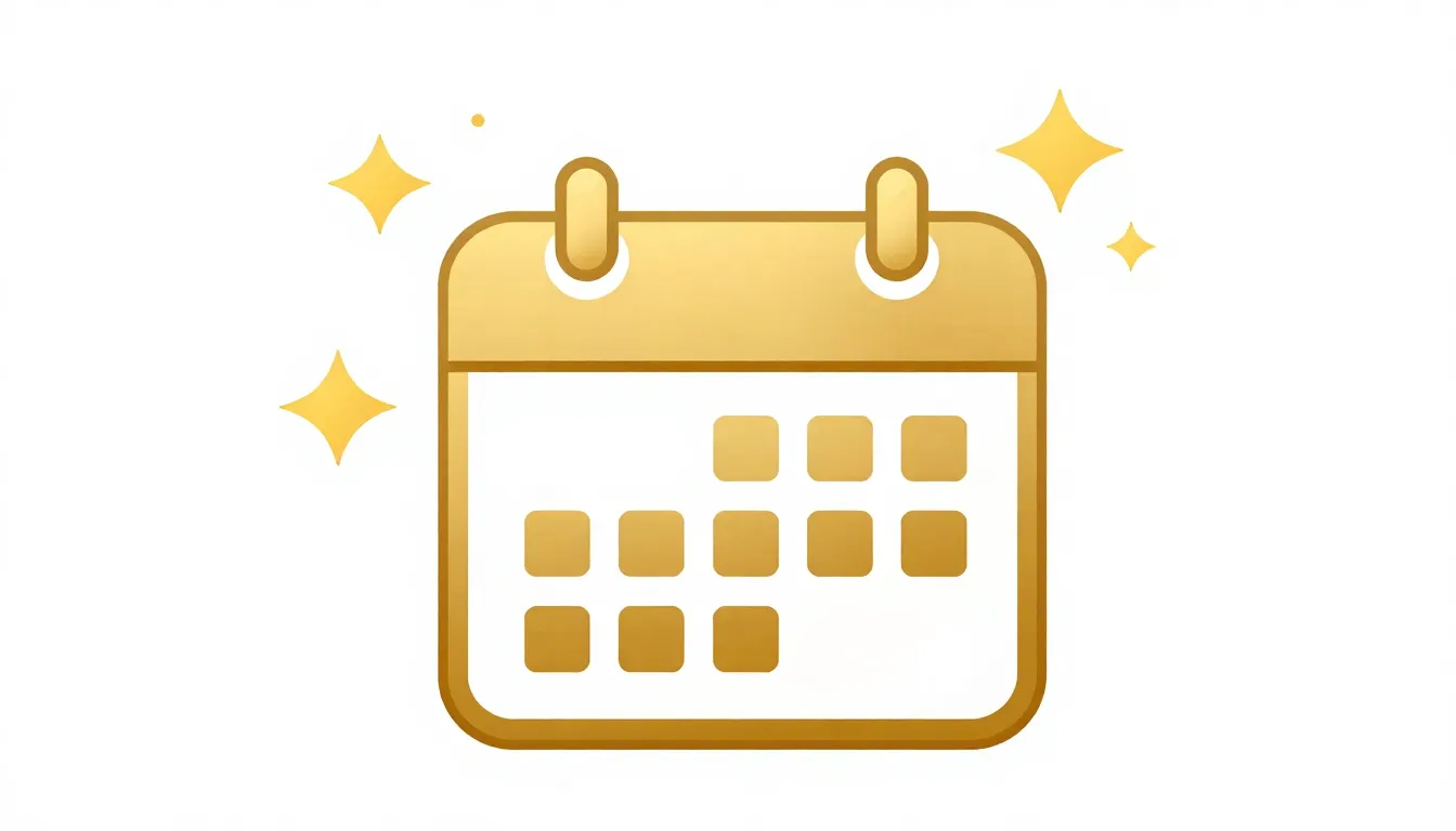 A festive golden calendar icon with sparkles around it, clea...
