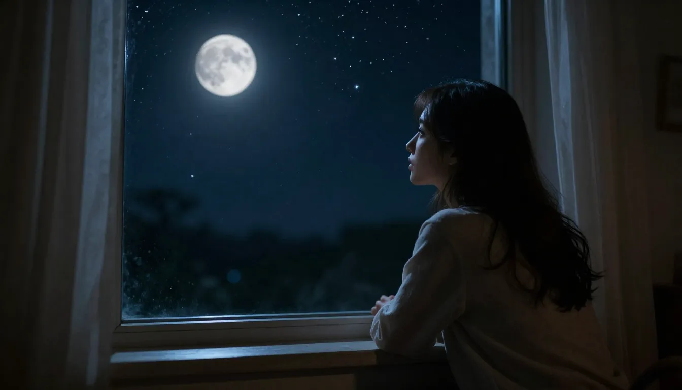 A woman gazing out a window at a moonlit night sky filled wi...