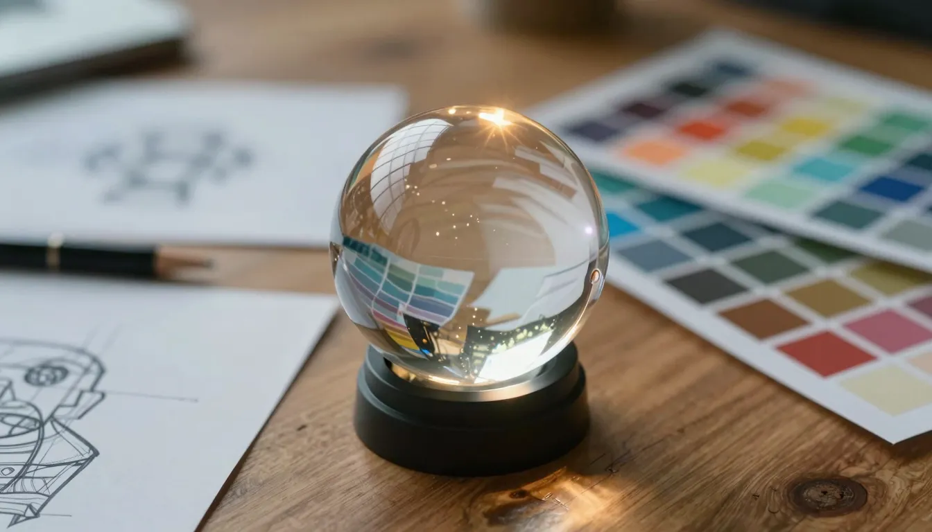 A futuristic crystal ball on a wooden desk reflecting a glow...