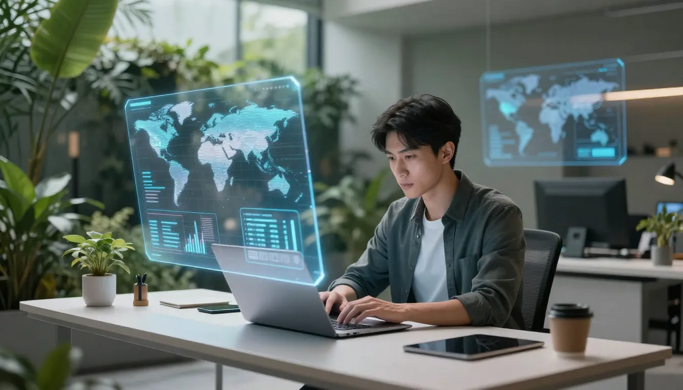 A professional freelancer working on a laptop in a futuristi...