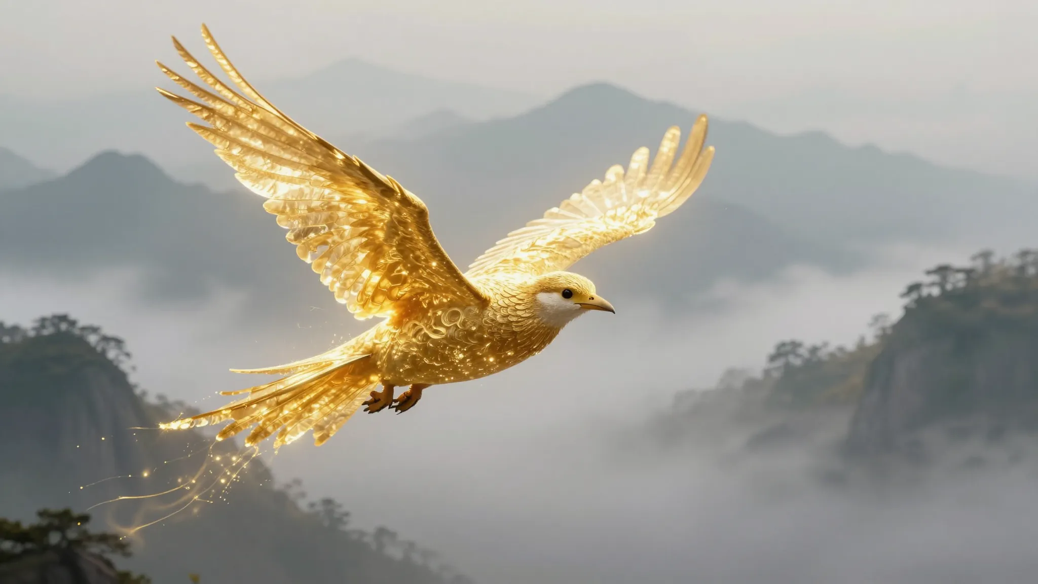 A majestic bird made of golden light flying over a misty mou...