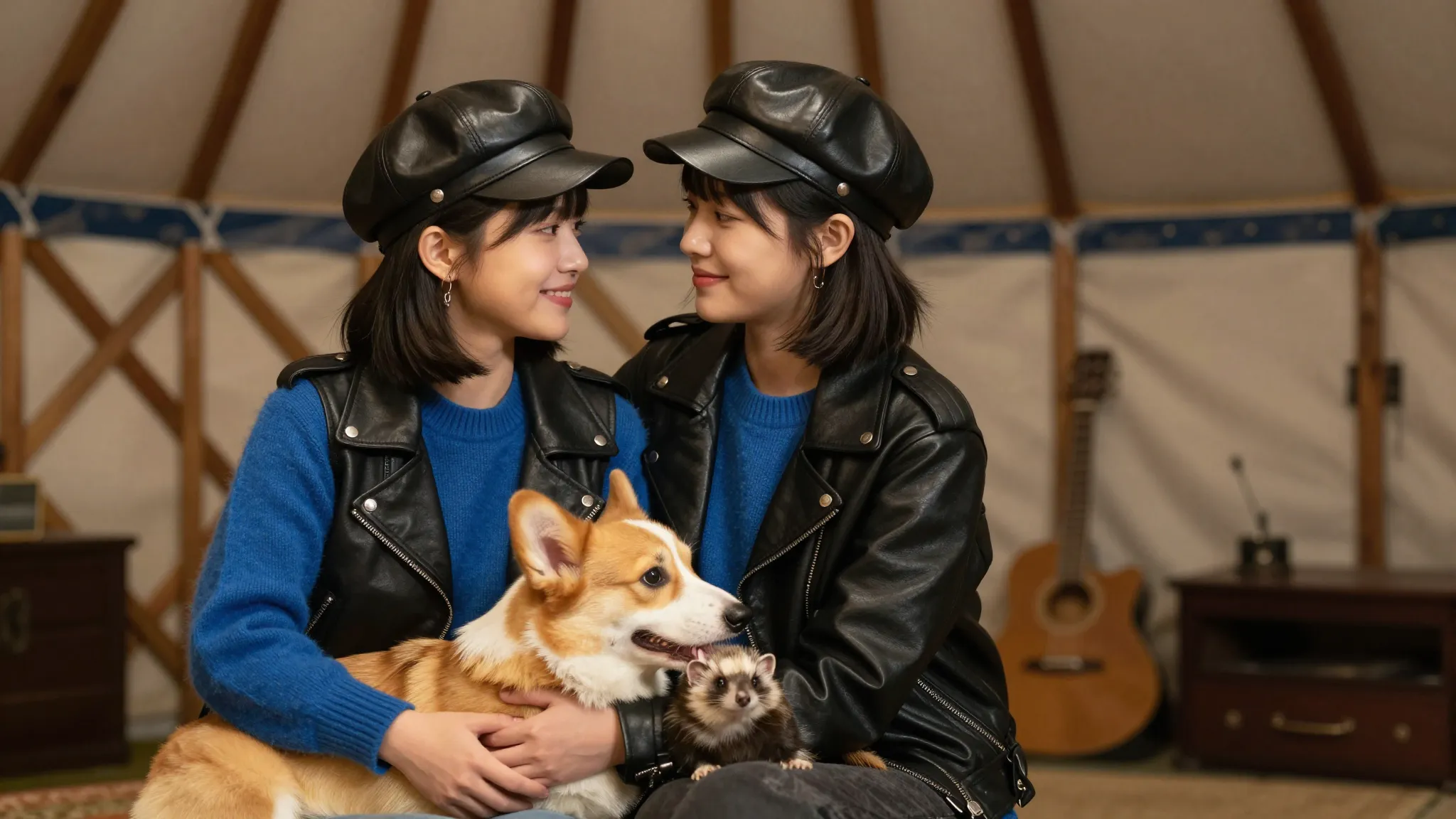Side view of two modest Asian sisters with bob haircuts, wea...