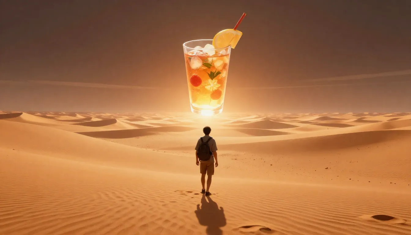 A lonely traveler in a vast, scorching desert, shimmering he...