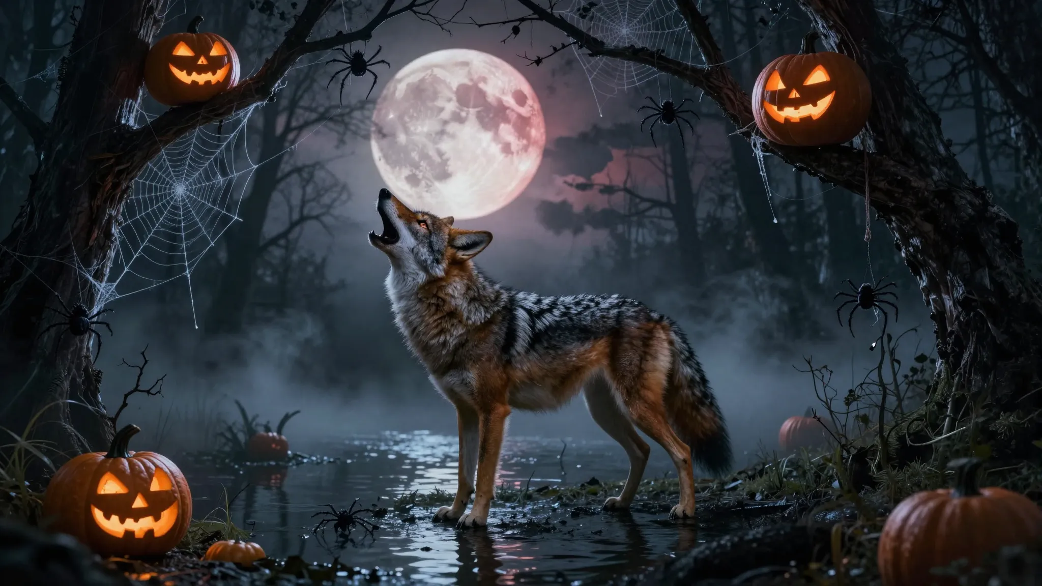 Eerie night scene in a swamp, a coyote howling at a blood mo...
