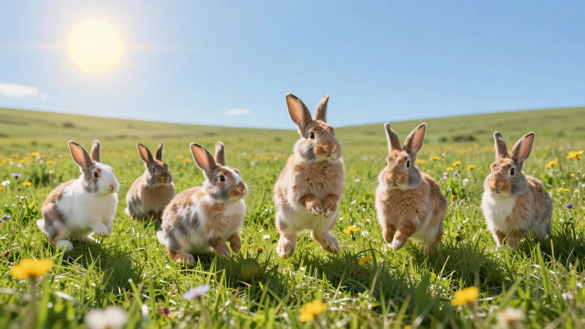 Wide shot, a group of small fluffy rabbits dancing and jumpi...