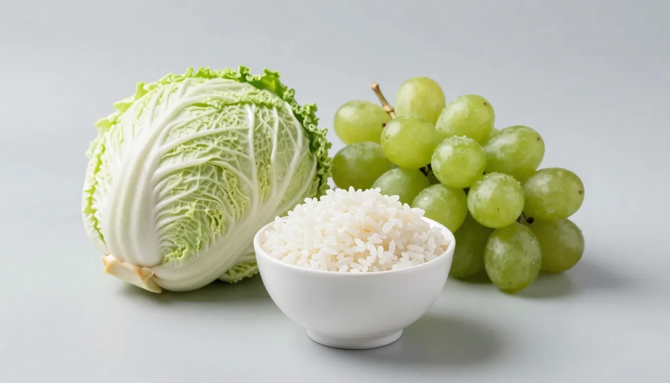 A minimalist arrangement of fresh cabbage, green grapes, and...