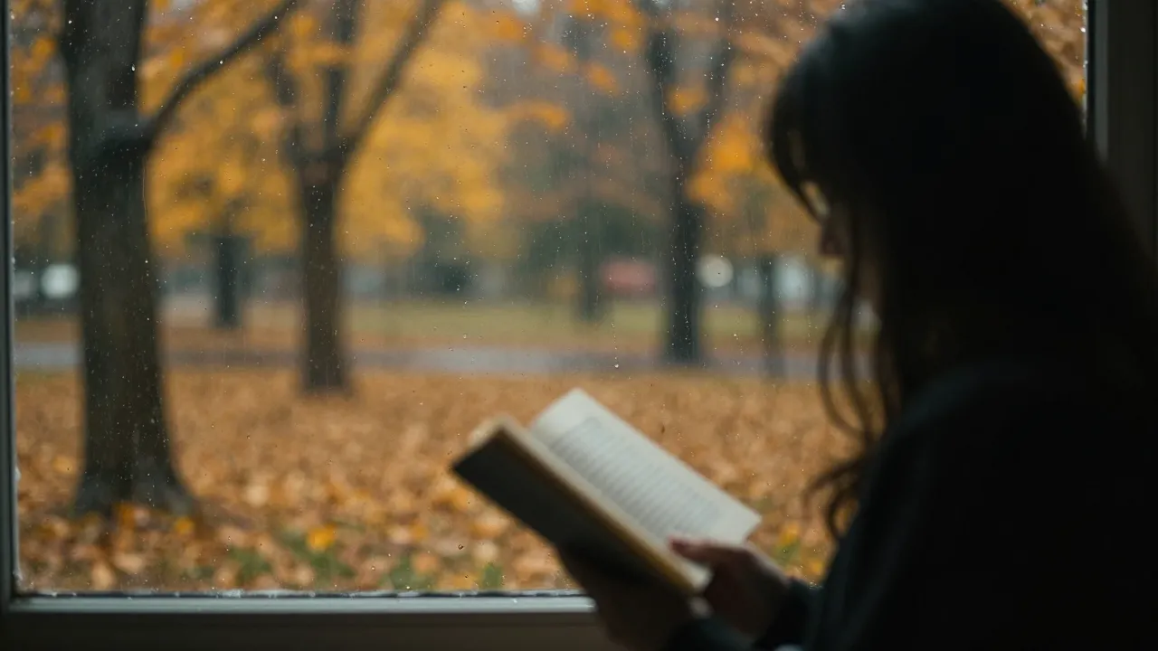 A melancholic autumn scene, raindrops on a window pane overl...