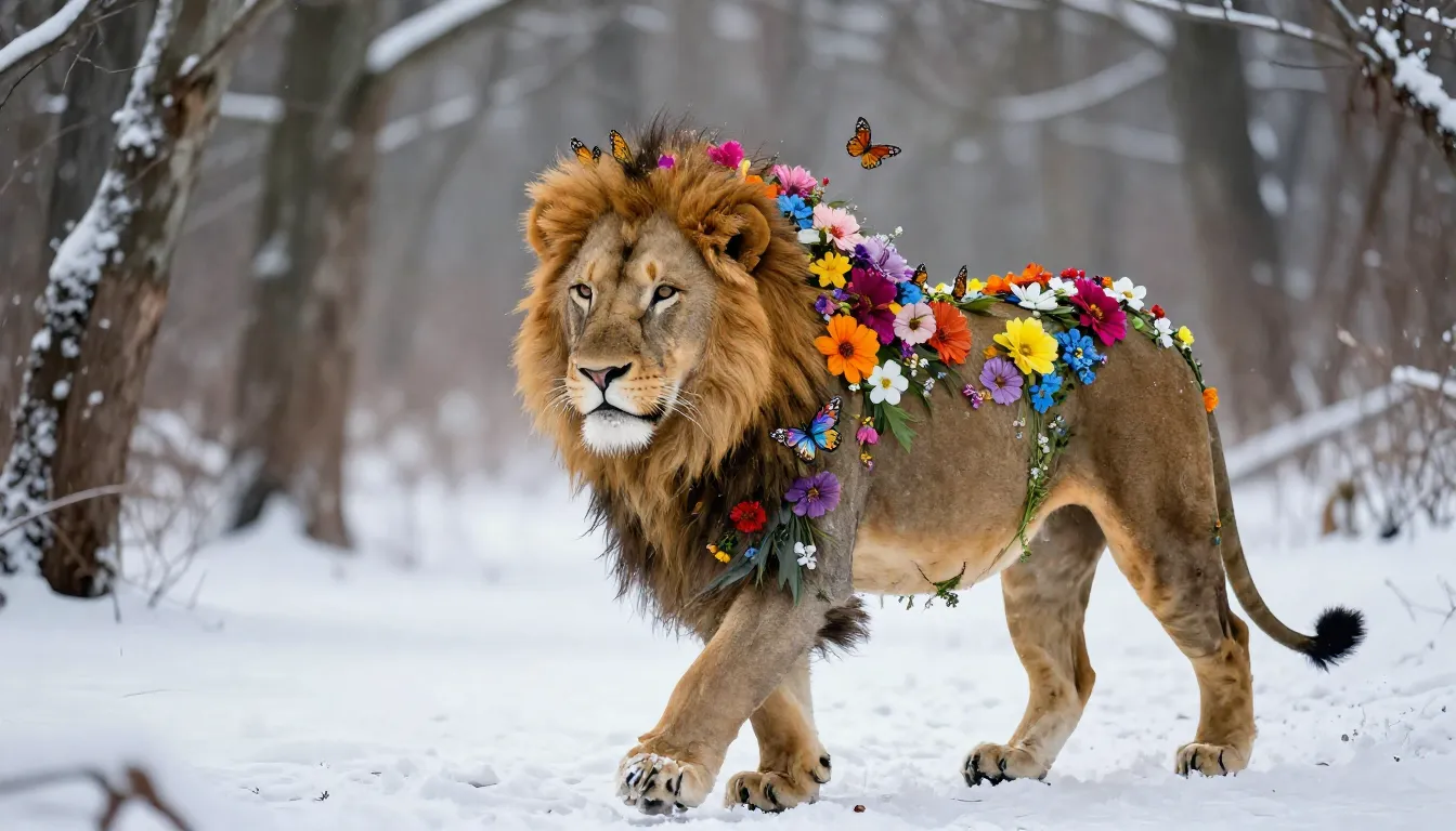 A majestic lion whose mane is made of colorful blooming flow...