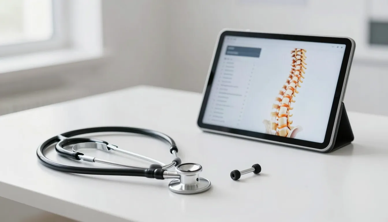 A minimalist and clean doctor's office, focus on a stethosco...