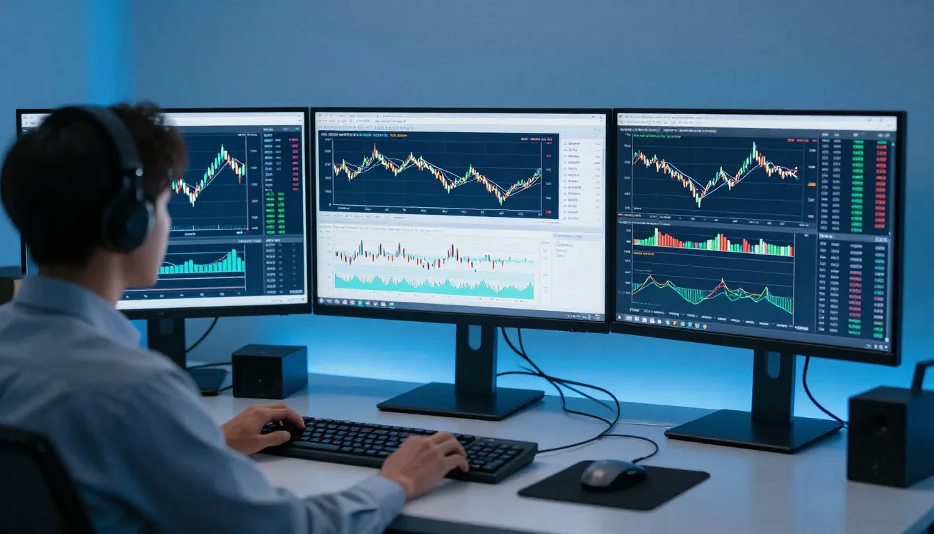 A professional trader's workstation with multiple monitors s...