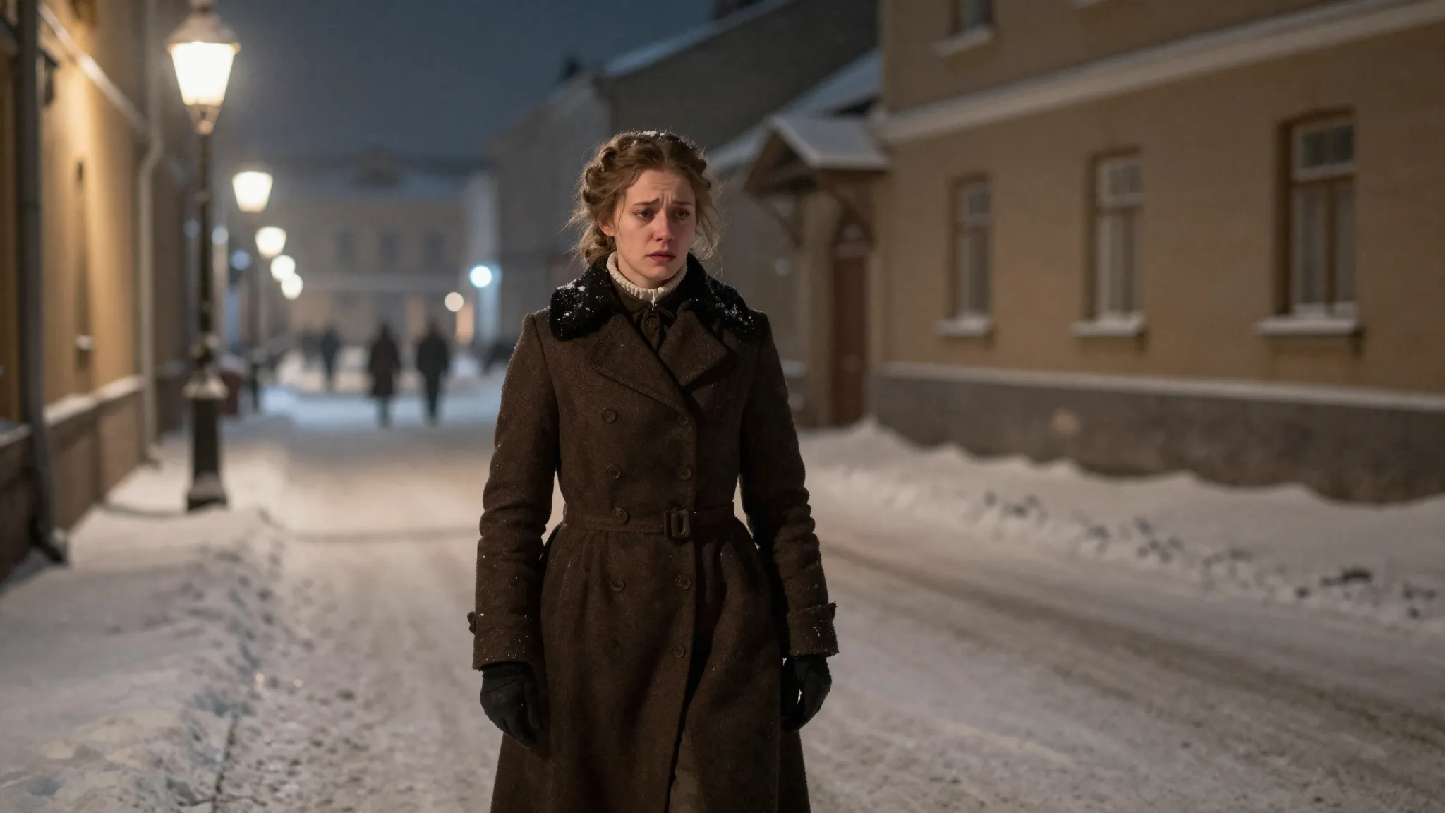 A young woman in a 19th-century winter coat walking through ...