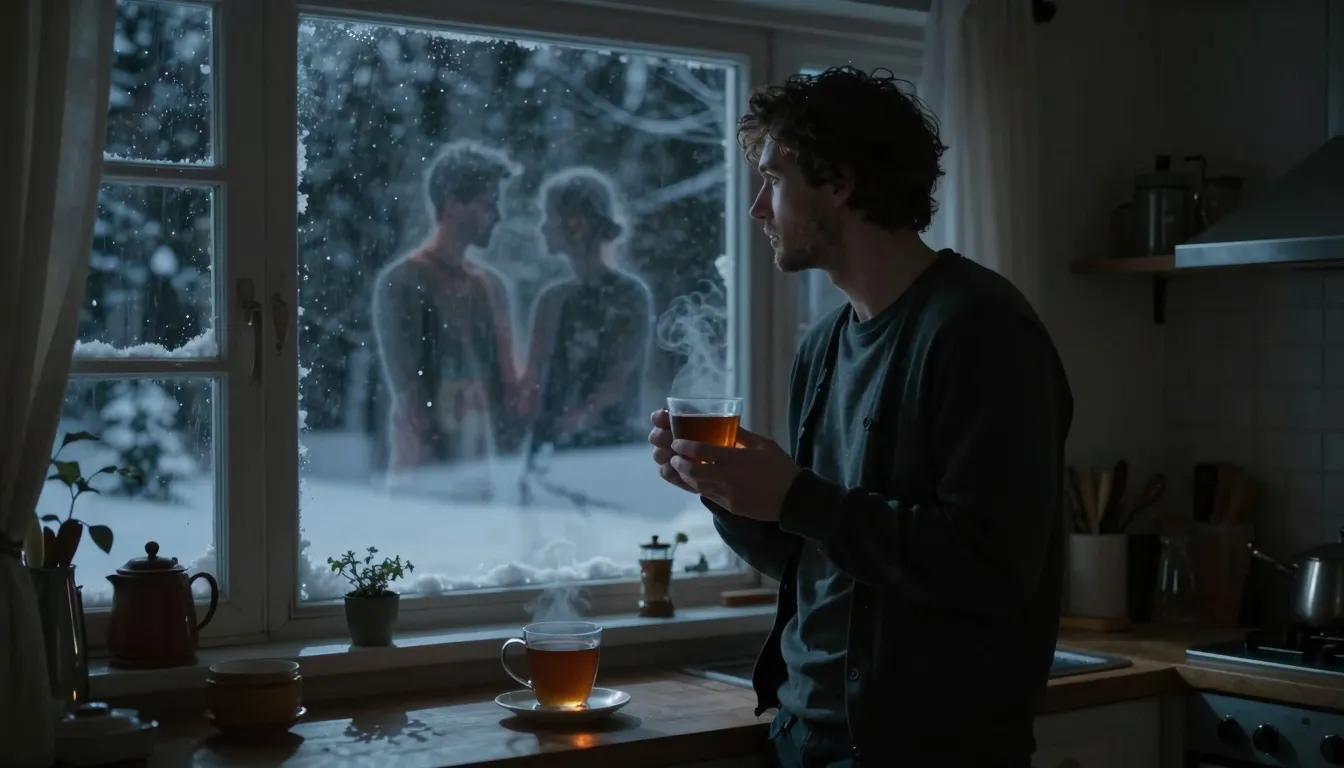 A man standing by a window in a dimly lit, cozy kitchen at n...