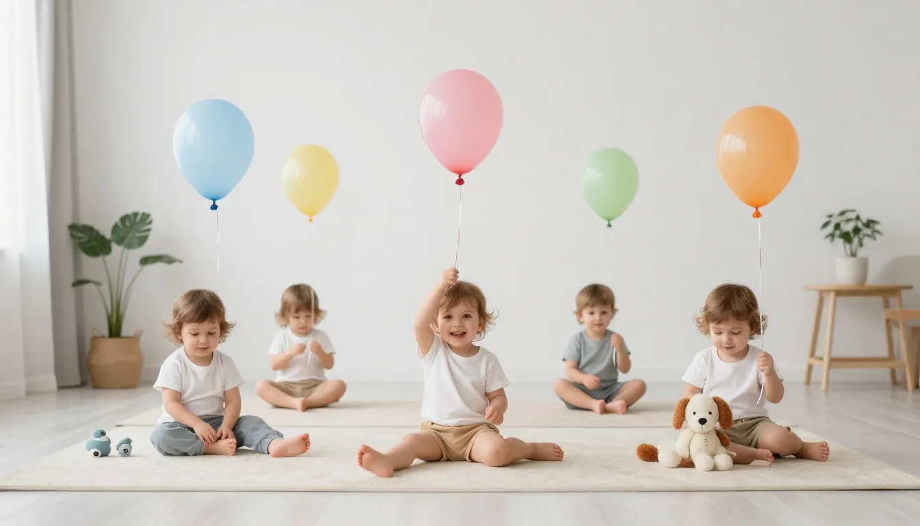 A group of happy toddlers playing with colorful balloons and...