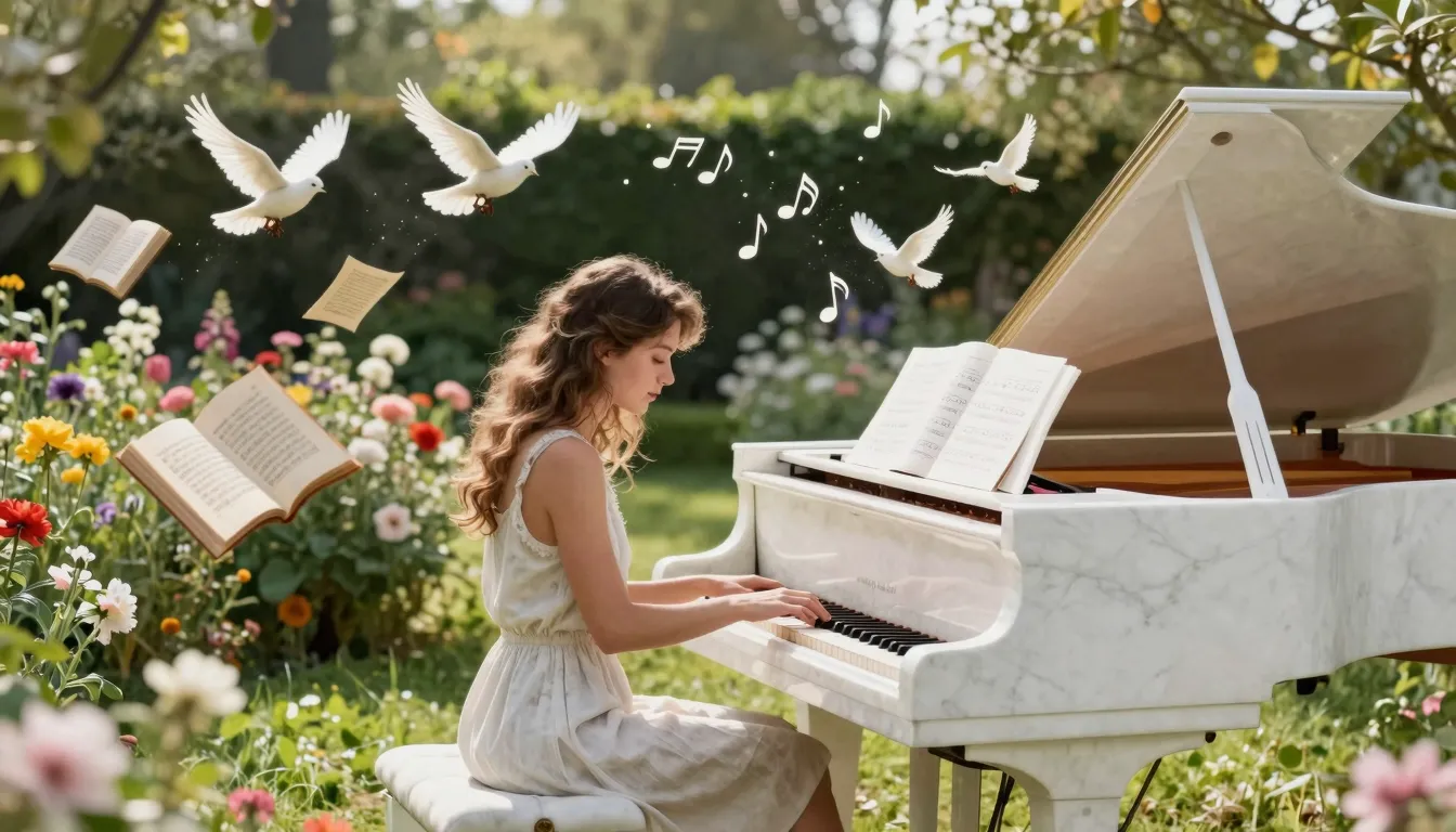 A young European woman sitting at a grand piano made of whit...