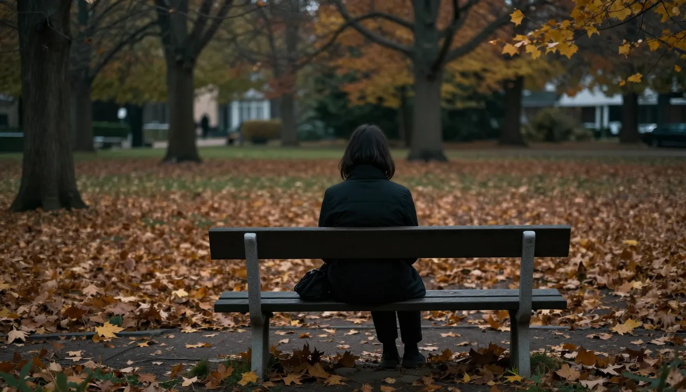 A melancholic scene of a lonely person sitting on a bench in...