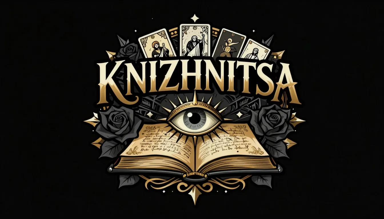 Gothic logo for 'KNIZHNITSA', an open ancient book with a my...