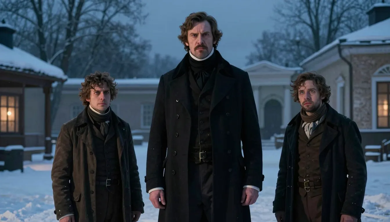 A tall, angry 19th-century Russian nobleman in a dark overco...