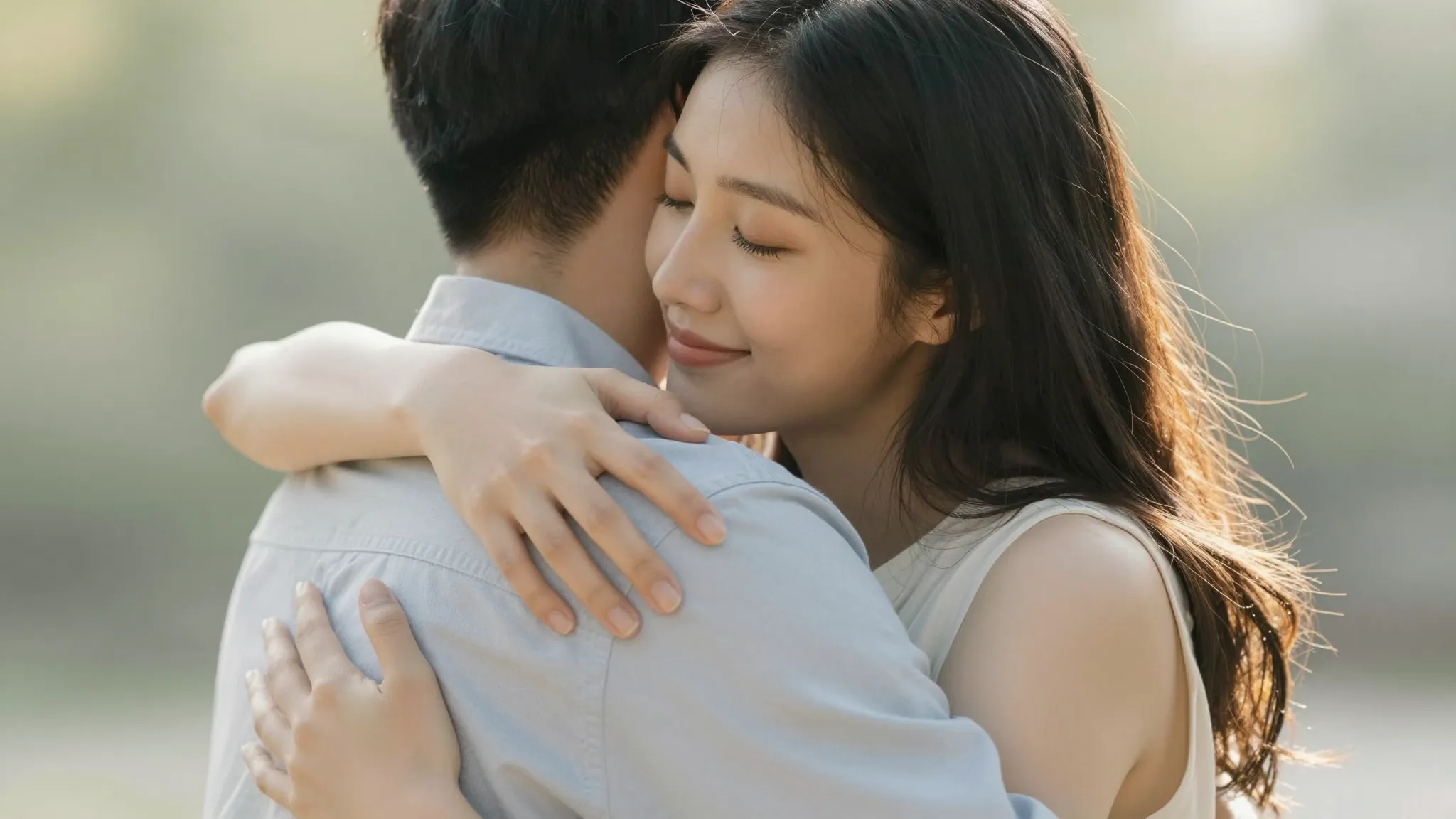 A realistic and high-quality photo of a couple hugging warml...