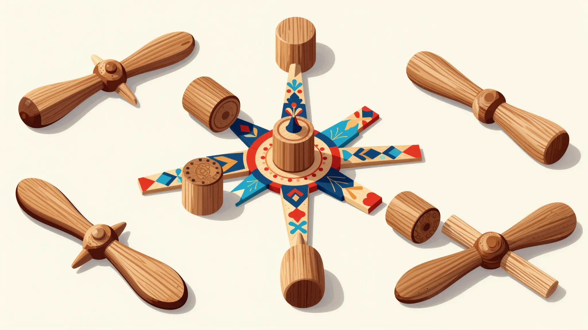 Stylized illustration of traditional Russian game Gorodki, w...