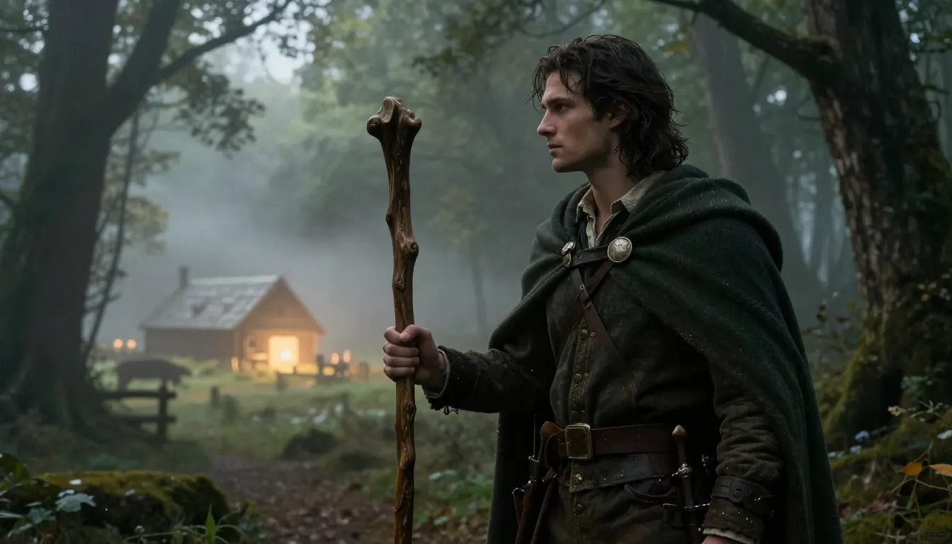 A handsome, brooding woodsman with dark hair and a cloak, st...