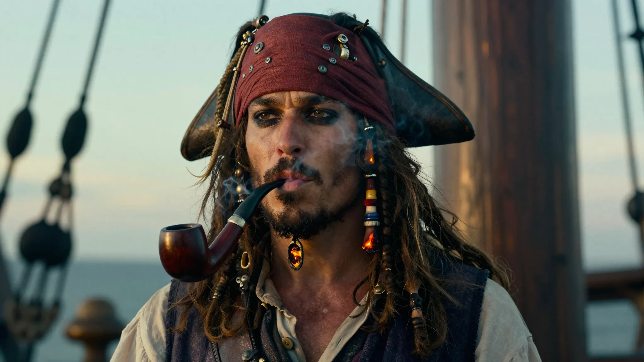 Close-up portrait of a pirate leaning against a ship's mast,...