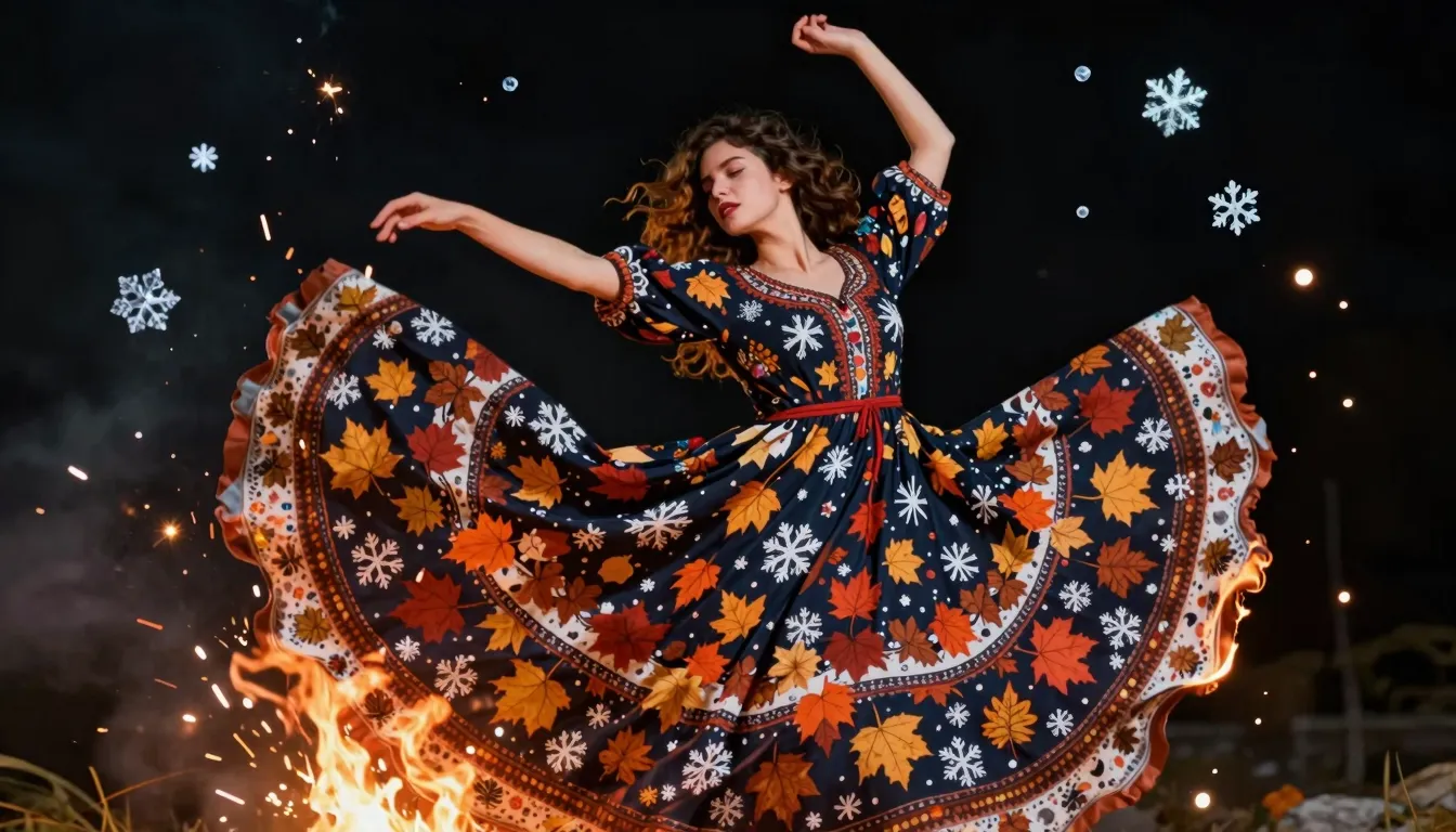 A mysterious woman in a swirling dress with patterns of autu...
