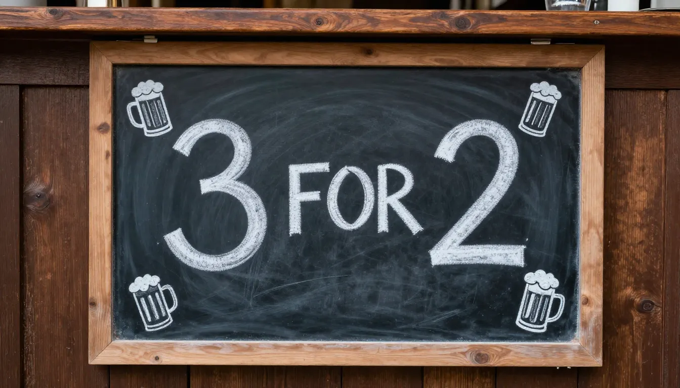 A chalkboard sign outside a bar with the text '3 FOR 2' writ...
