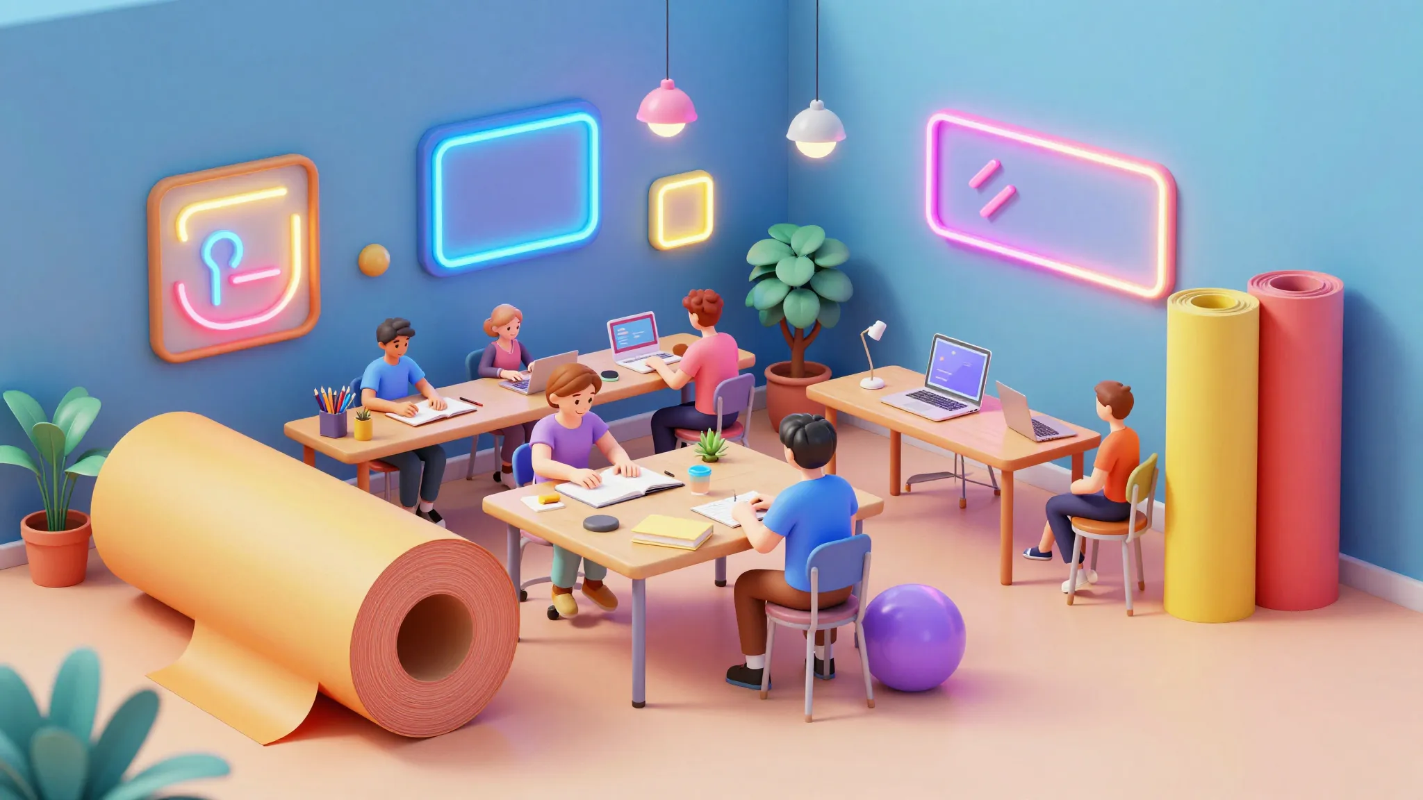 A creative advertising workshop with giant rolls of colorful...