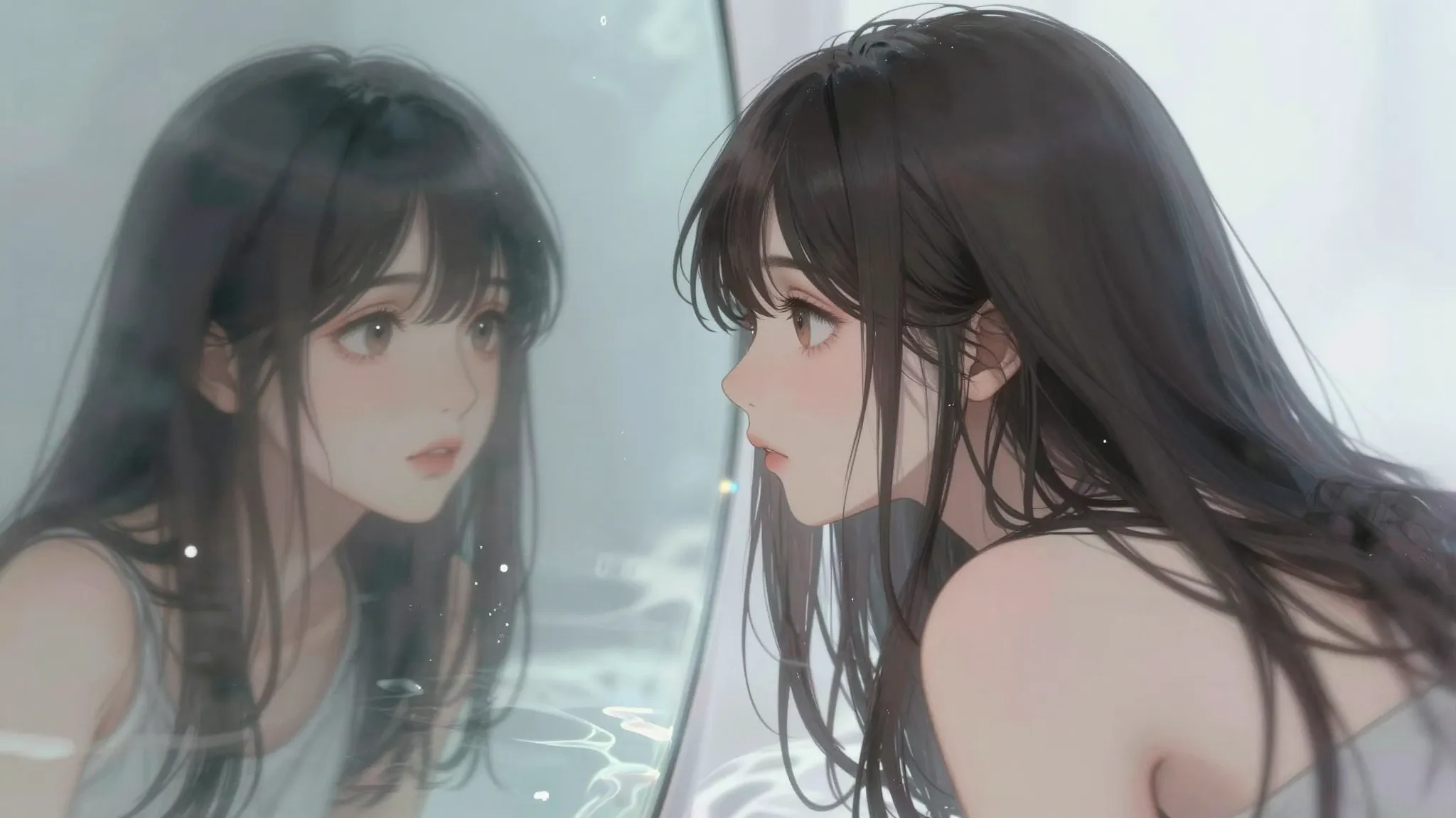 Anime style illustration, a young woman with long dark hair ...