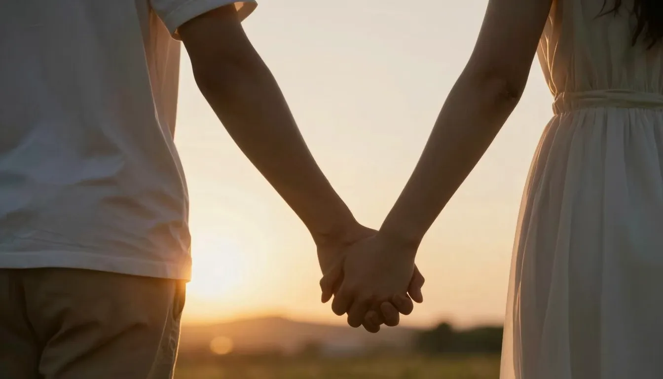 A romantic couple holding hands during a golden hour sunset,...