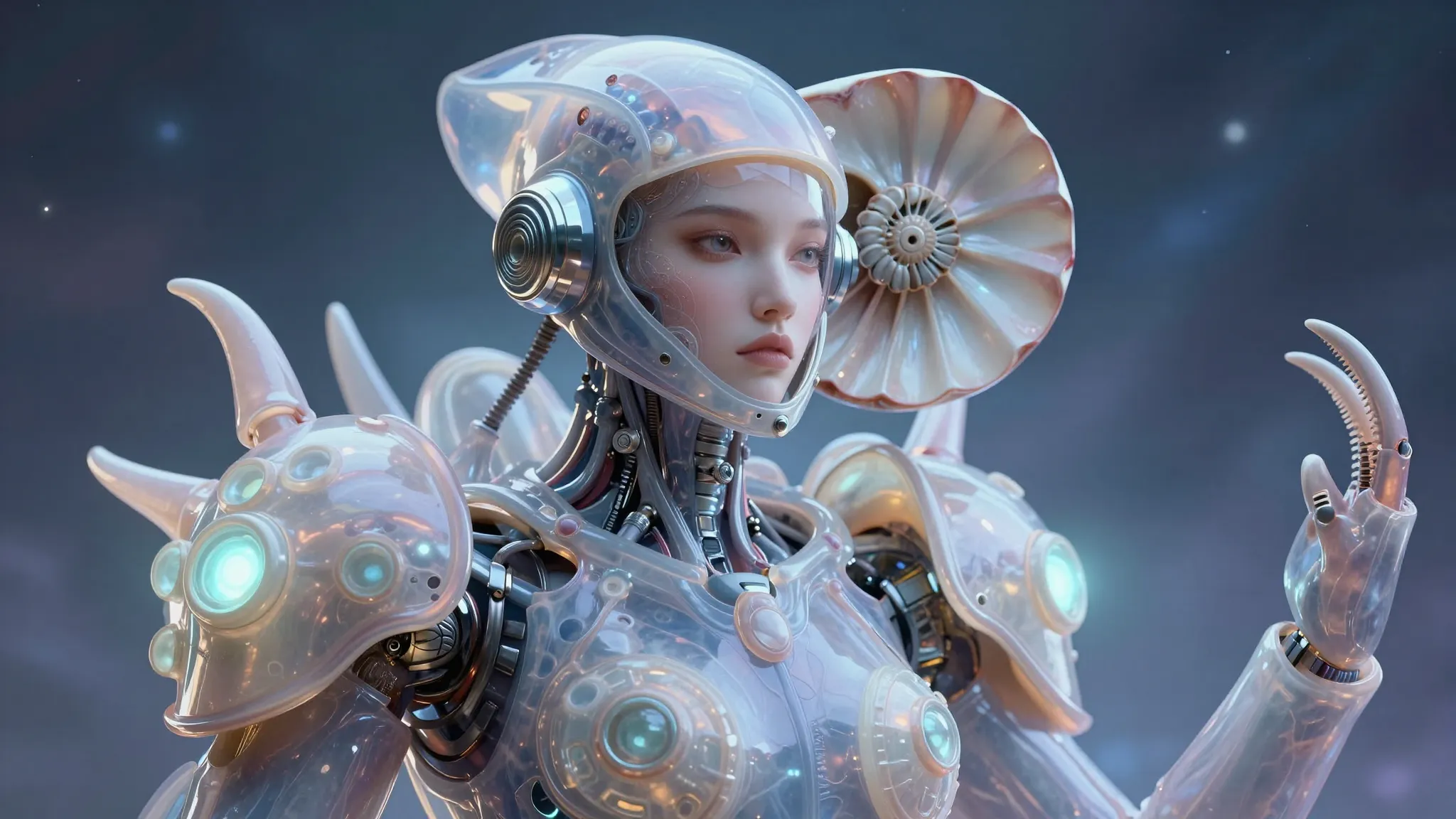 Close-up of futuristic space armor made of organic materials...