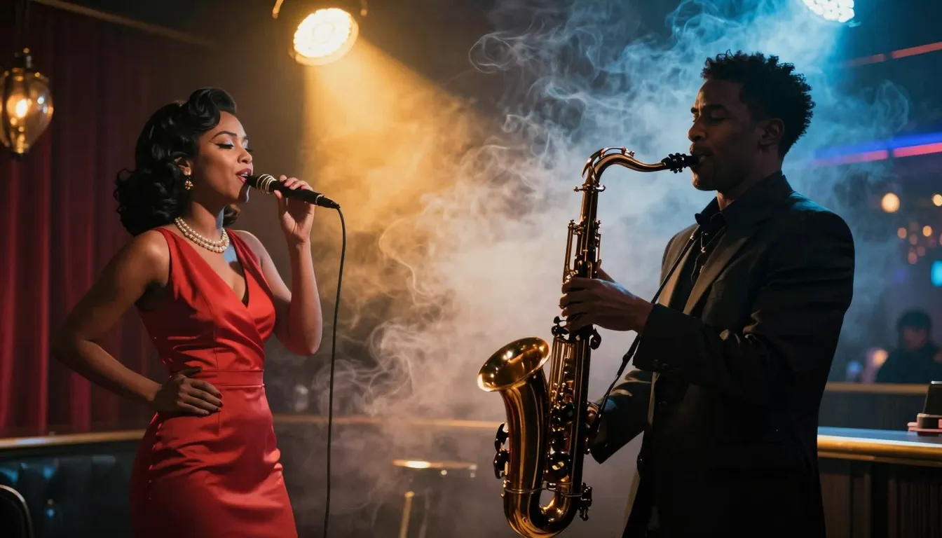 A smoky jazz club atmosphere, a silhouette of a saxophone pl...