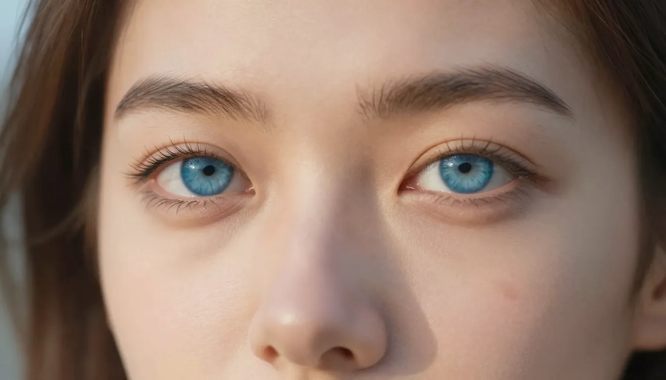 A close-up of a woman's eyes, intensely blue like a clear sk...