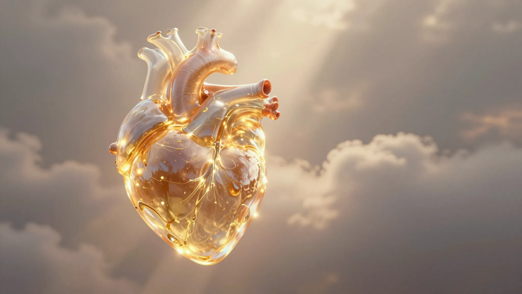 Cinematic shot of a glowing translucent heart made of golden...