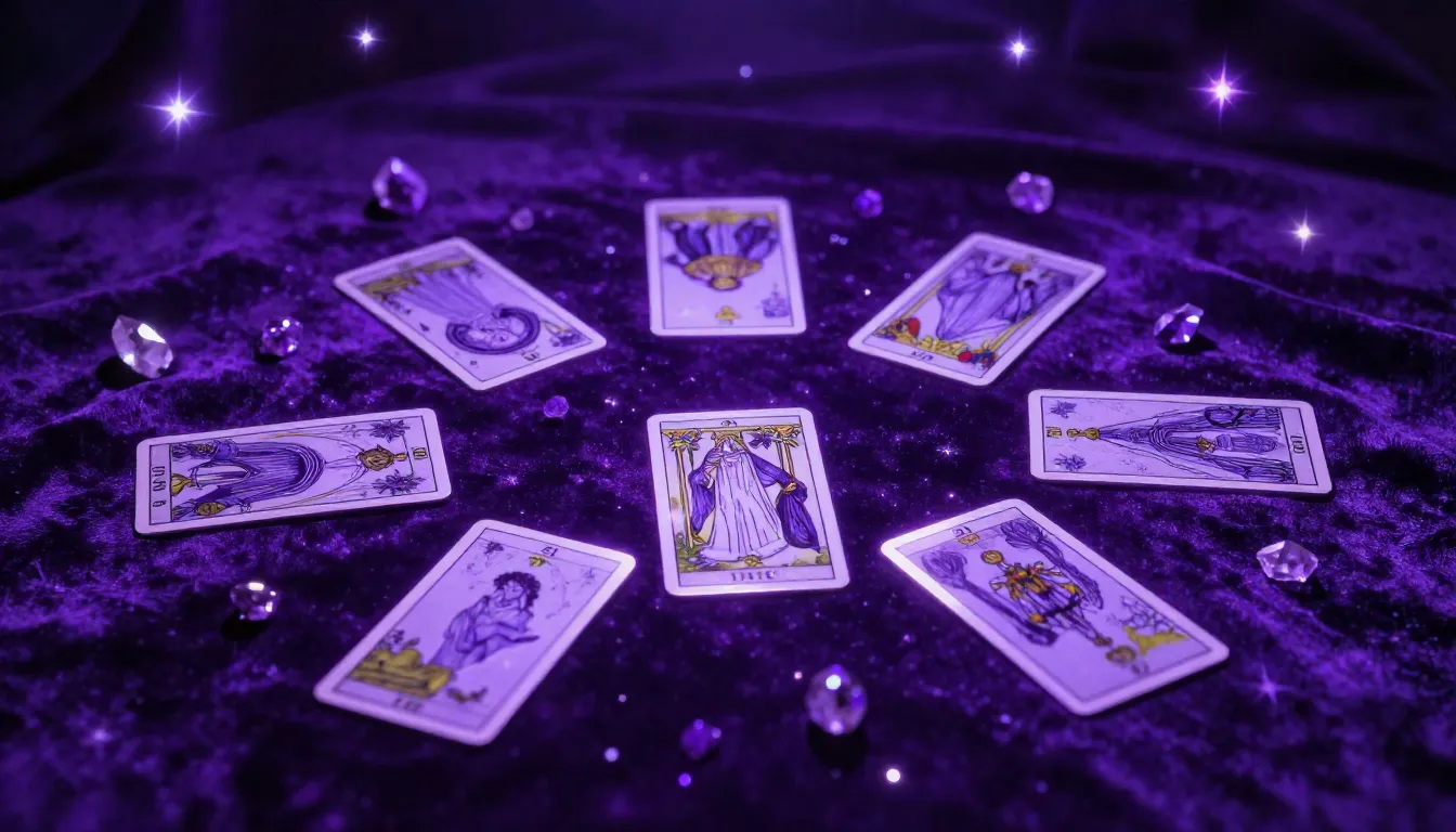 Tarot cards scattered on deep purple shimmering velvet that ...