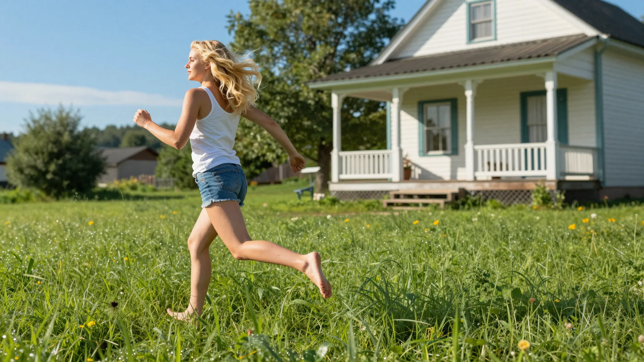 A beautiful shot of a blonde woman running barefoot through ...