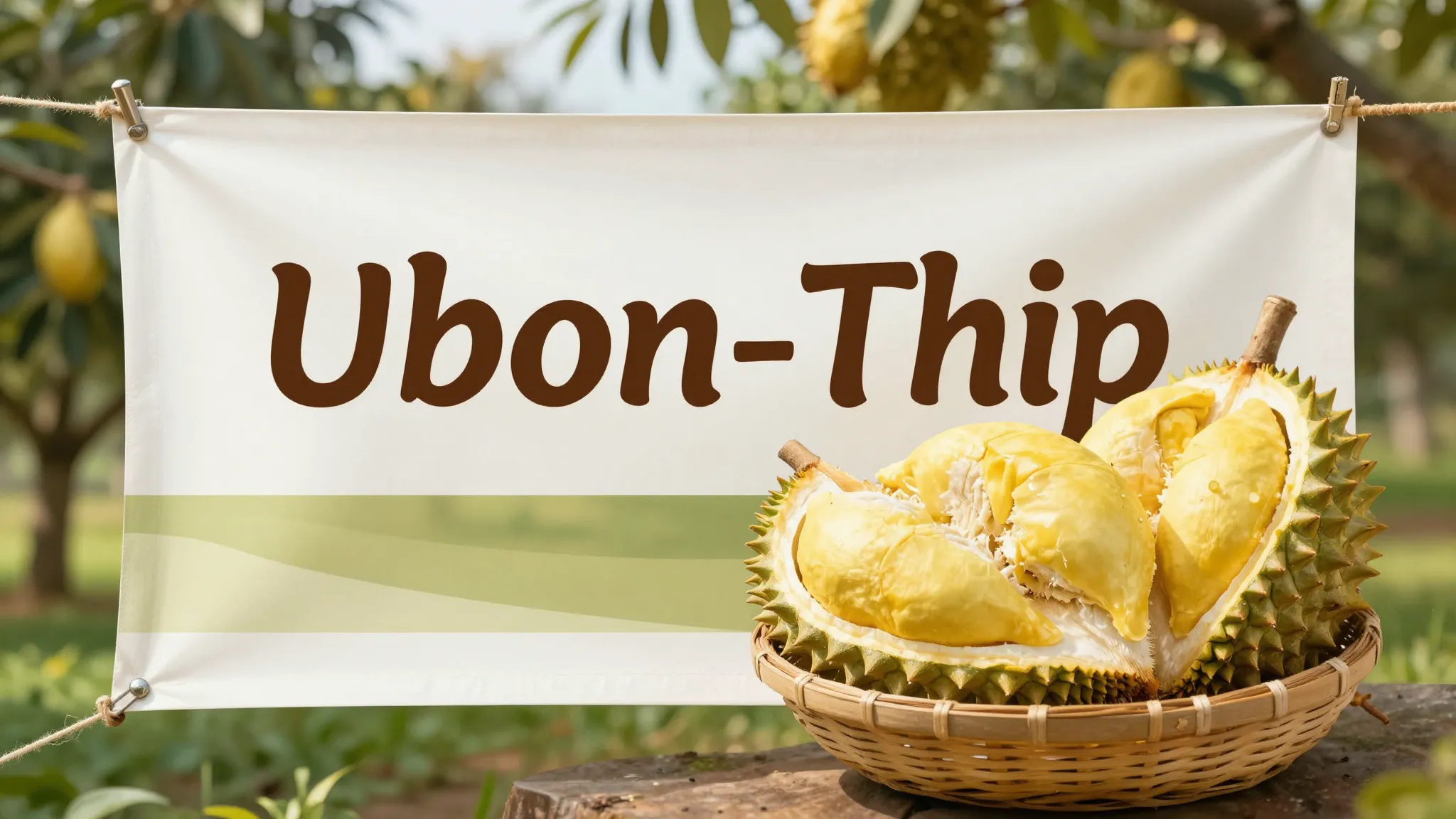 A high-quality marketing banner for 'Ubon-Thip' orchard, sho...