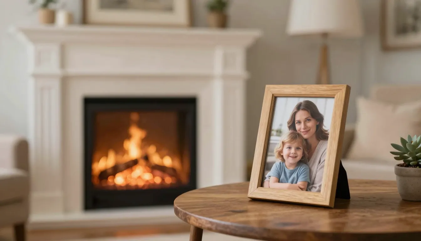 A peaceful scene of a cozy living room with a warm fireplace...