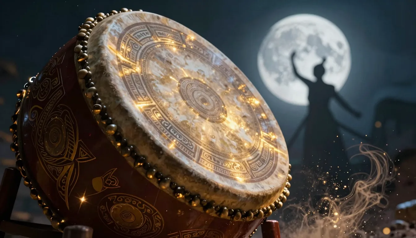 A close-up of a mystical drum with ancient carvings, glowing...