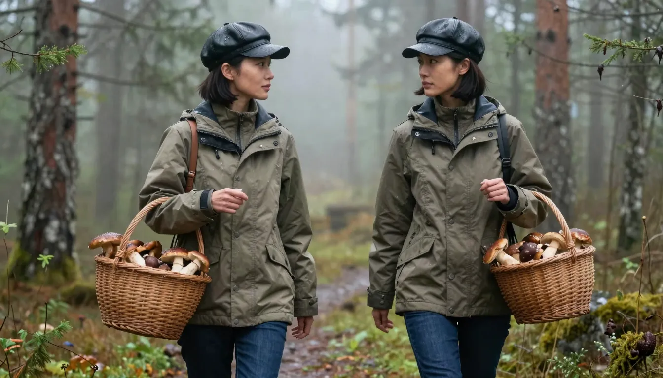 Two stylish Chinese women with short bob haircuts in a misty...