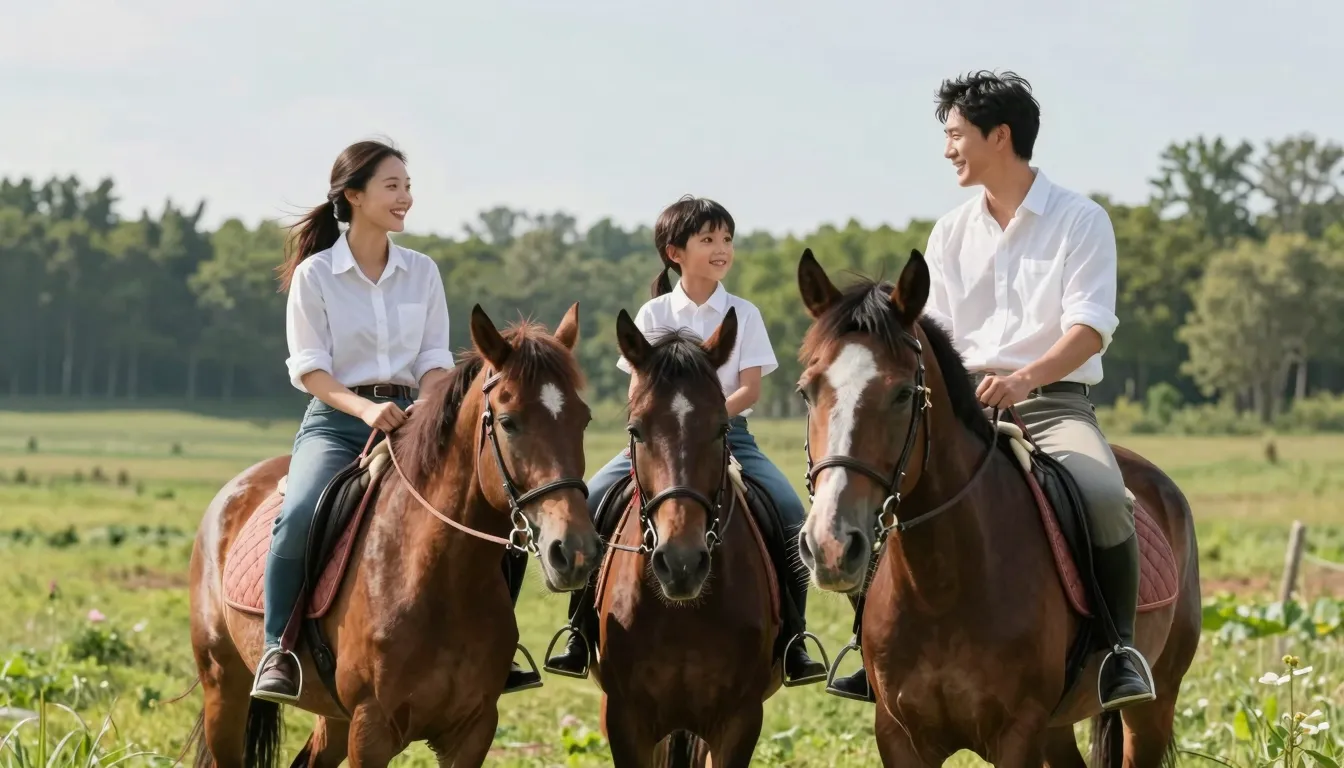 A happy family (parents and two children) enjoying a horseba...