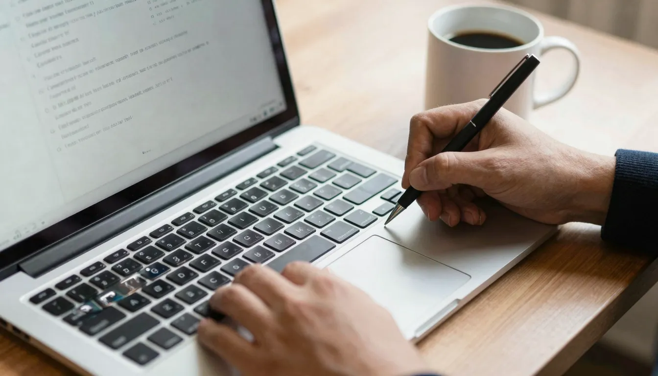 A person writing a detailed review on a laptop, warm atmosph...