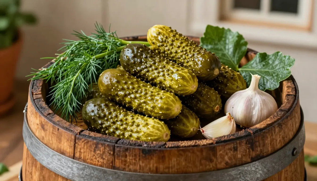 A rustic wooden barrel filled with crunchy green pickled cuc...